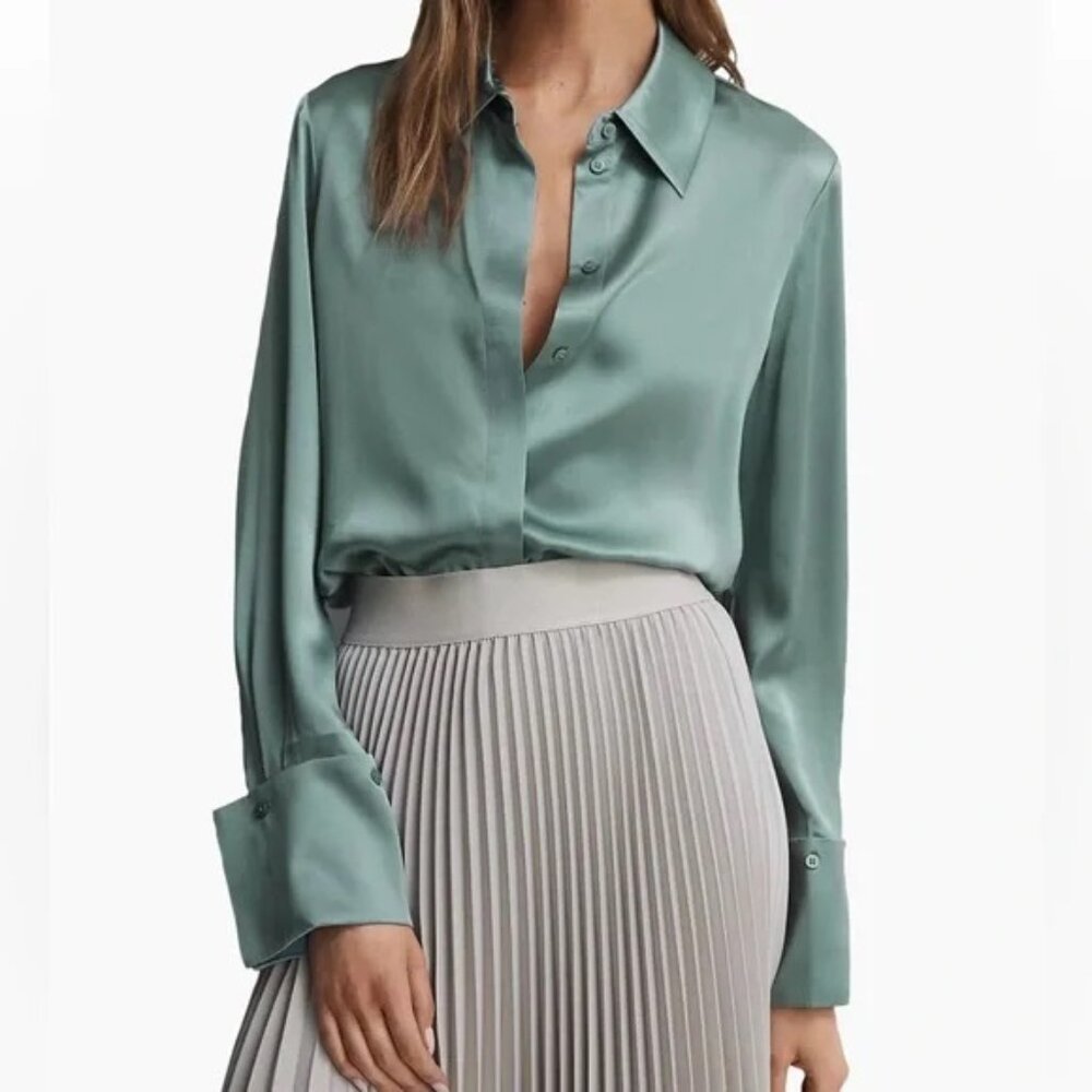 Reiss Haley Silk Button-Front Blouse Size 6 green teal shiny cuffs